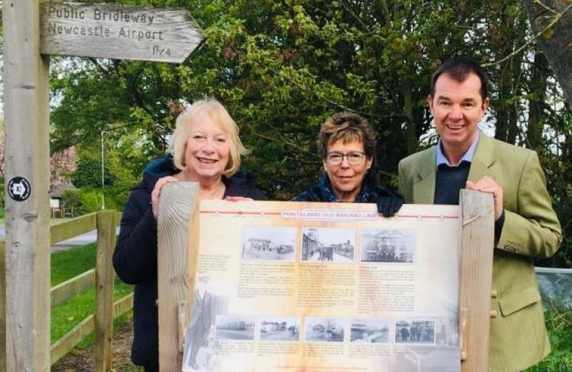PHOTO: Guy Opperman MP (right) with Alma Dunigan (Chair of Ponteland Community Partnership - centre) and Veronica Jones (County Councillor – left) launching the Callerton Lane to Newcastle Airport Bridleway Project